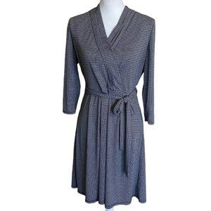Liz Claiborne Geometric Print Faux Wrap Dress Stretch Black White Size Medium